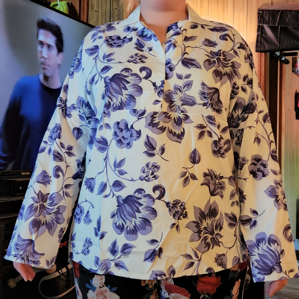 White, XL womens tunic-like blouse with purple flowers